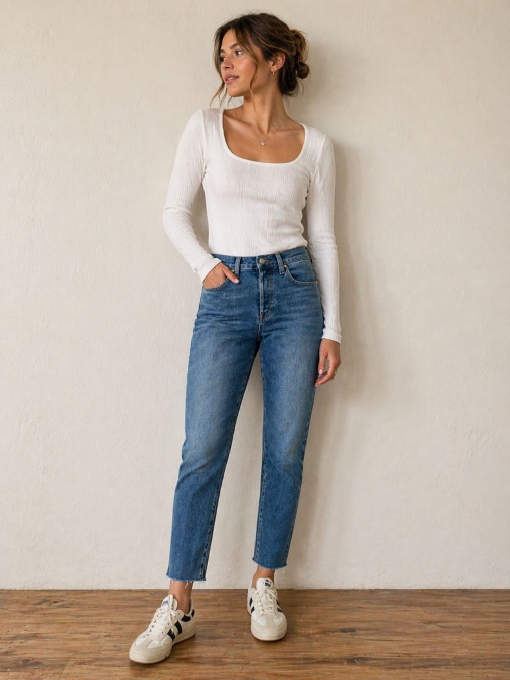 Frank & Eileen High Rise “Cork” Jeans Straight Leg Raw Hem Medium Wash Size 27